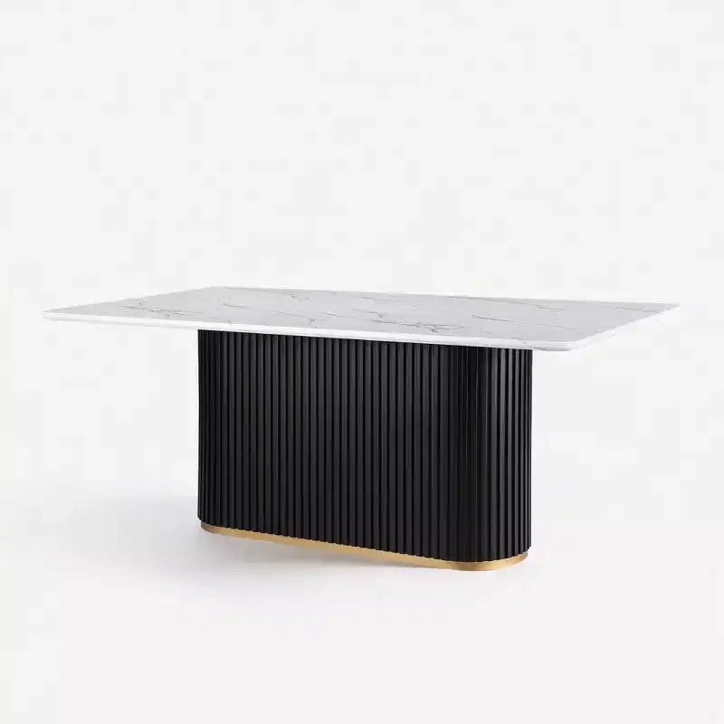 Luxury Faux Marble Top Column Base Dining Table Rectangular Metal Frame in White for Kitchen Seats of 6 - Morden Fort