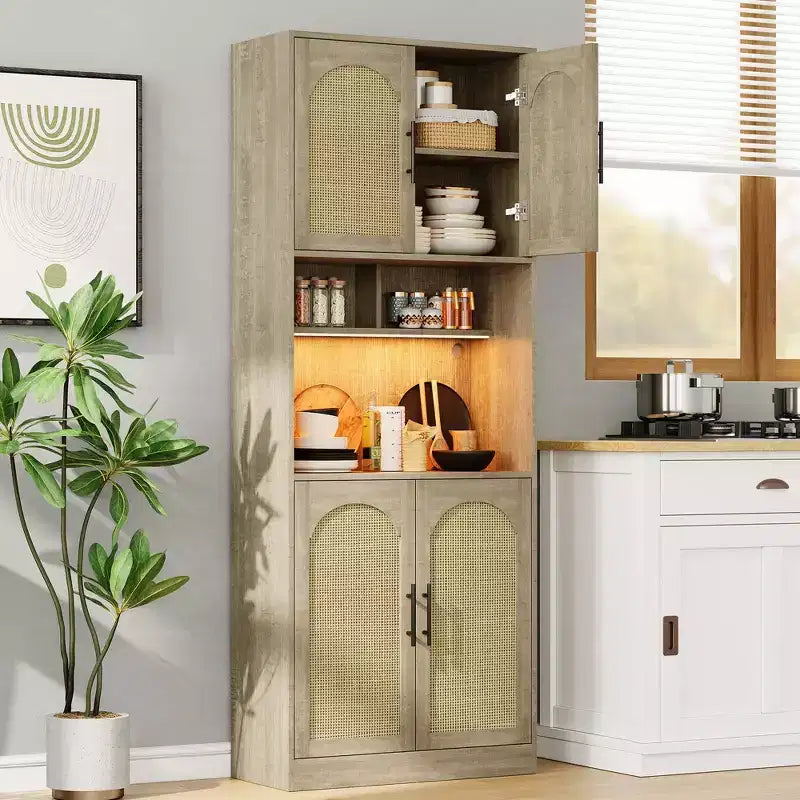 Garvee Kitchen Pantry Cabinet with RGB Light, Tall Kitchen Hutch Bar Cabinet with Microwave Stand,Wood Storage Cabinet,Cupboard for Dining Room, Oak