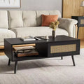 Modern Coffee Table with Storage, Rattan Rectangle Center Table with Sliding Door, Wooden Accent Cocktail Table for Living Room Bedroom Office
