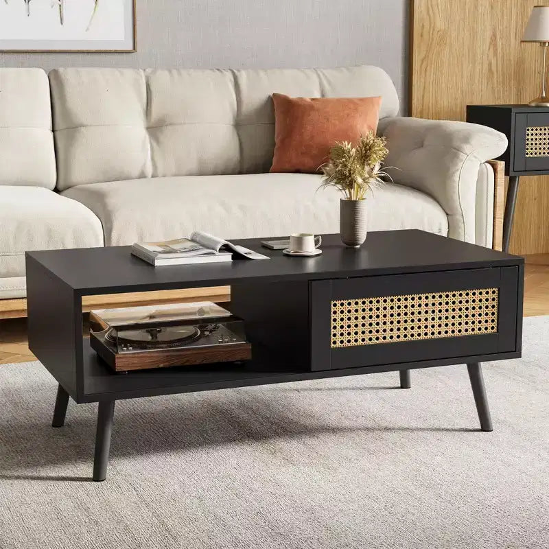 Modern Coffee Table with Storage, Rattan Rectangle Center Table with Sliding Door, Wooden Accent Cocktail Table for Living Room Bedroom Office
