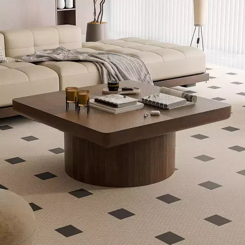 Square Coffee Table for Living Room, Wood Veneer Top with Parquet Pattern, Walnut