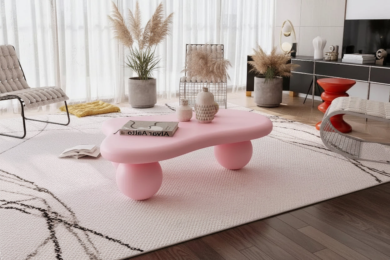 47 Cloud Coffee Table with Ball Legs, Modern Irregular Center Table for Living Room, Pink