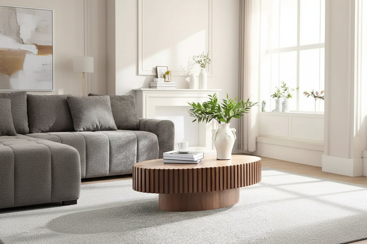 Oval Drum Coffee Table, Modern Pedestal Center Table for Living Room, Walnut