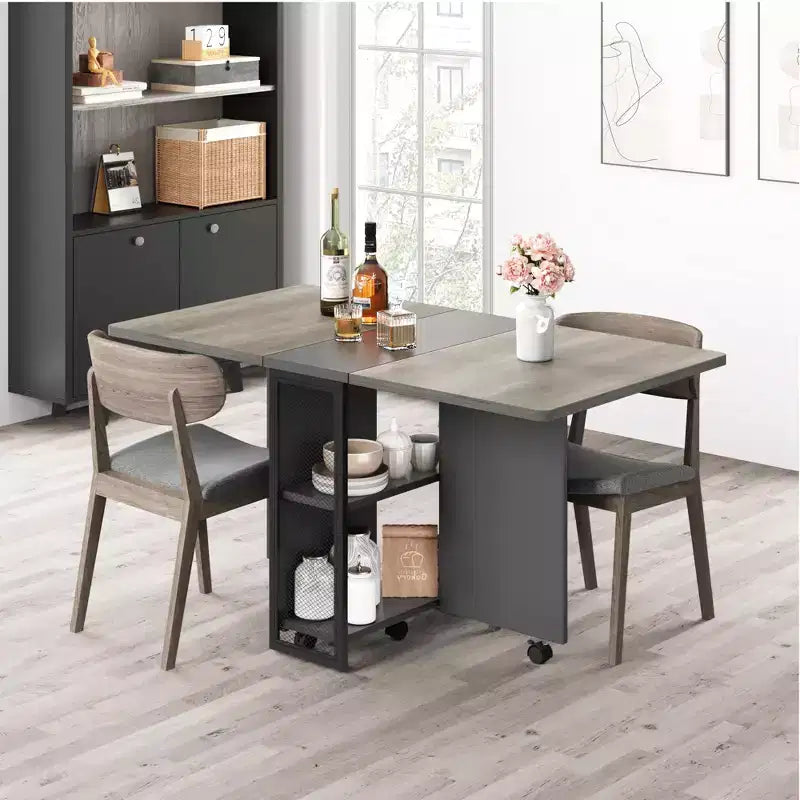 Folding Dining Table on Wheels with 2 Storage Shelves and Drop Leaf Top, 6 Locking Casters, Light Wood Grain