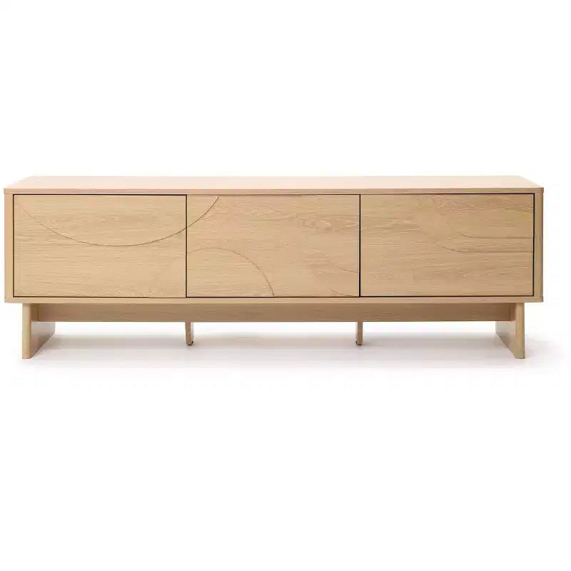 LuxenHome Modern 59 TV Console with 3 Doors, Geometric Carved Front, Light Wood, Manufactured Wood Brown