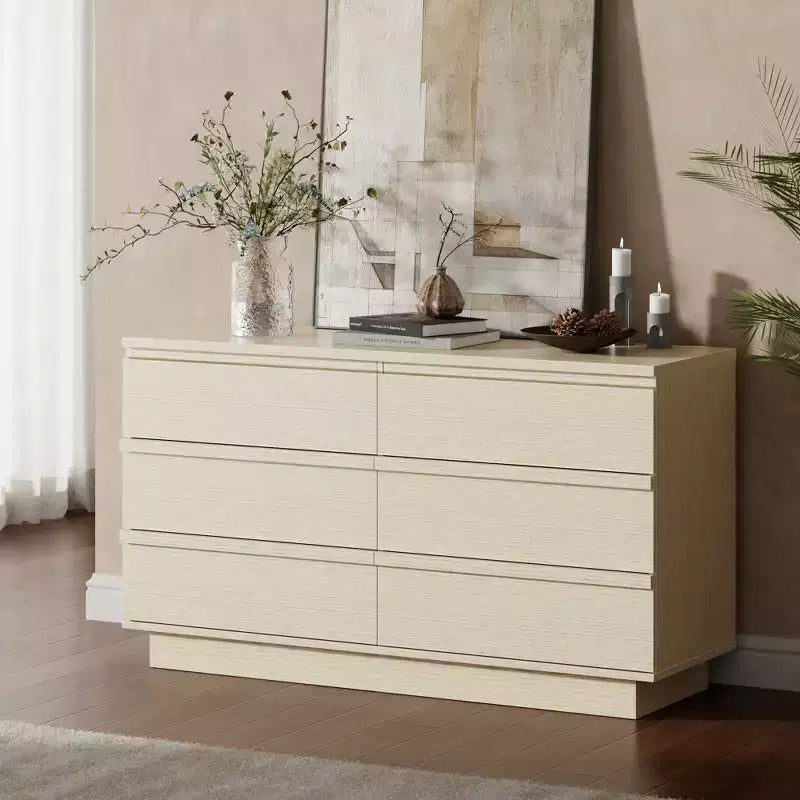 Qwatto 6 Drawer Double Dresser Modern Chest of Drawers Wide Bedroom Storage Organizer Cabinet with Deep Drawers for Living Room Closet Natural Beech