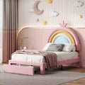 Twin Upholstered Rainbow Princess Bed with Storage Drawer, Velvet Platform Bed, Colorful and Pink