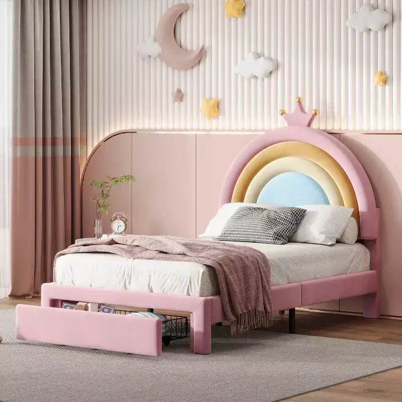 Twin Upholstered Rainbow Princess Bed with Storage Drawer, Velvet Platform Bed, Colorful and Pink
