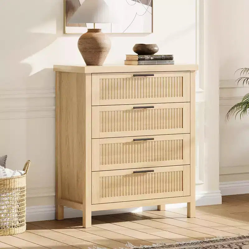 Living Room Fluted 4 Drawers Dresser for Bedroom, 35.4 in Tall Chest of Dressers for Closet, 4 Fluted Drawers w/ Metal Handle, Clothes Storage Cabinet