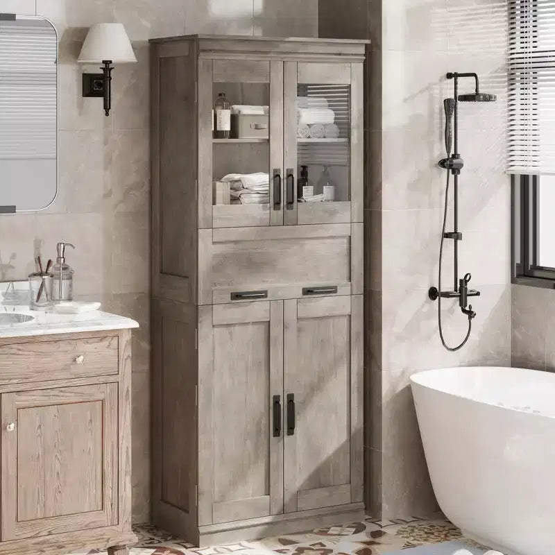67 Inch Tall Bathroom Storage Cabinet, Freestanding Organizer with 4 Doors and Flip-Up Glass Drawer, Adjustable Shelves for Kitchen Pantry