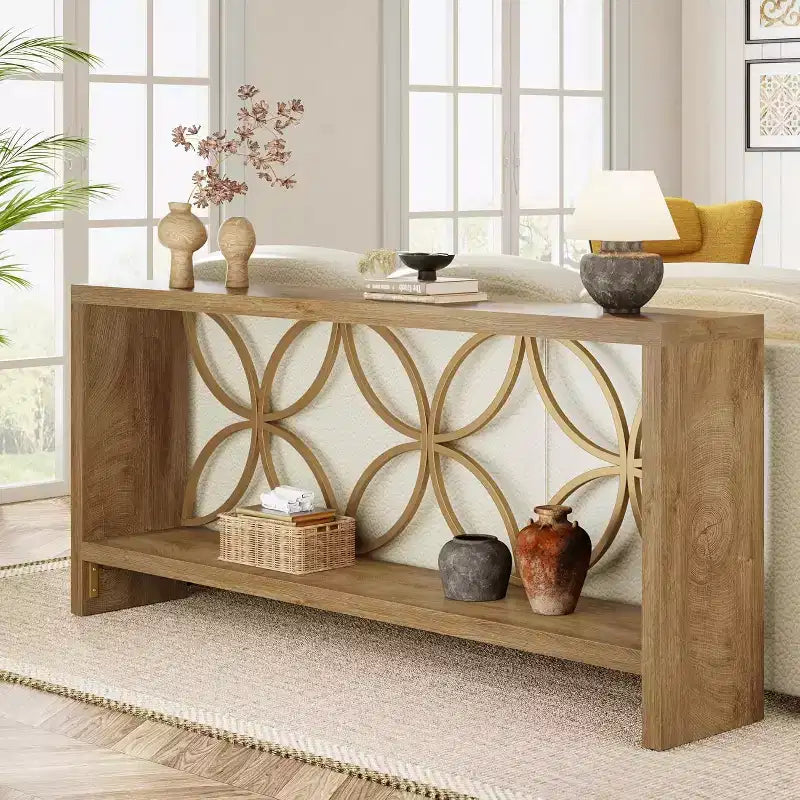 Lantine 70.9-Inch Narrow Console Table, Farmhouse Long Sofa Table Behind Couch with Storage for Entryway, Living Room, Foyer, Unique Design, Natural