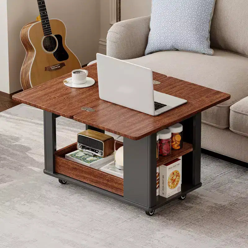 JVNOXK 27.6'' Modern Multi-Function Coffee Table/Side Table with Foldable Top & Casters, Multi-tier storage, Black & Walnut