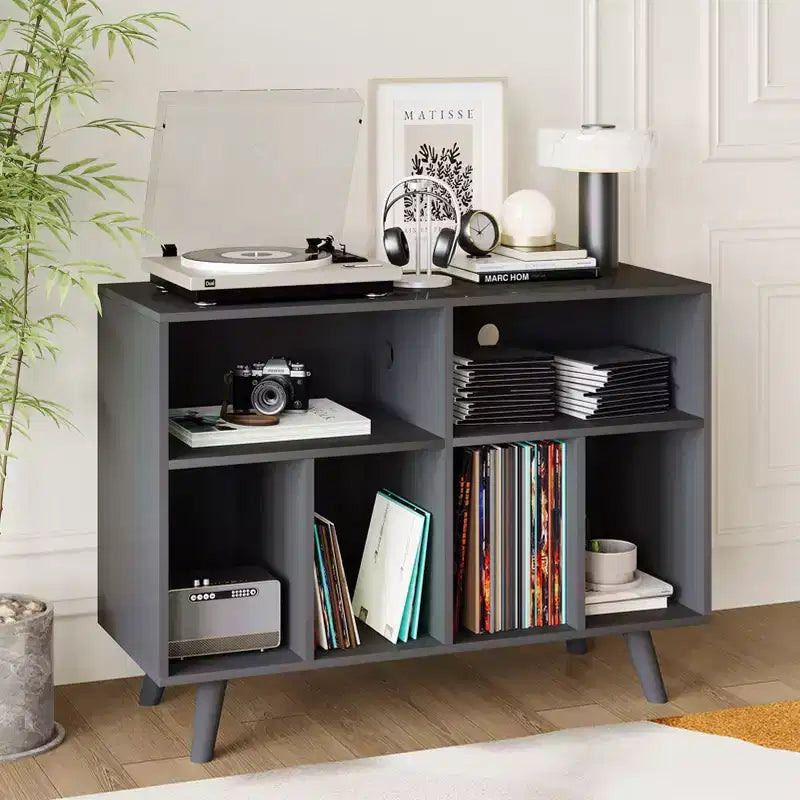 39.5 In Modern Record Player Stand with Charging Station, Engineered Wood Turntable Cabinet Holds 350+ Vinyl Albums, for Living Room, Bedroom, Office