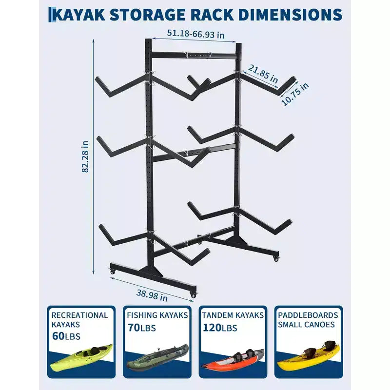 Heavy-Duty Freestanding Kayak Storage Rack Adjustable Steel
