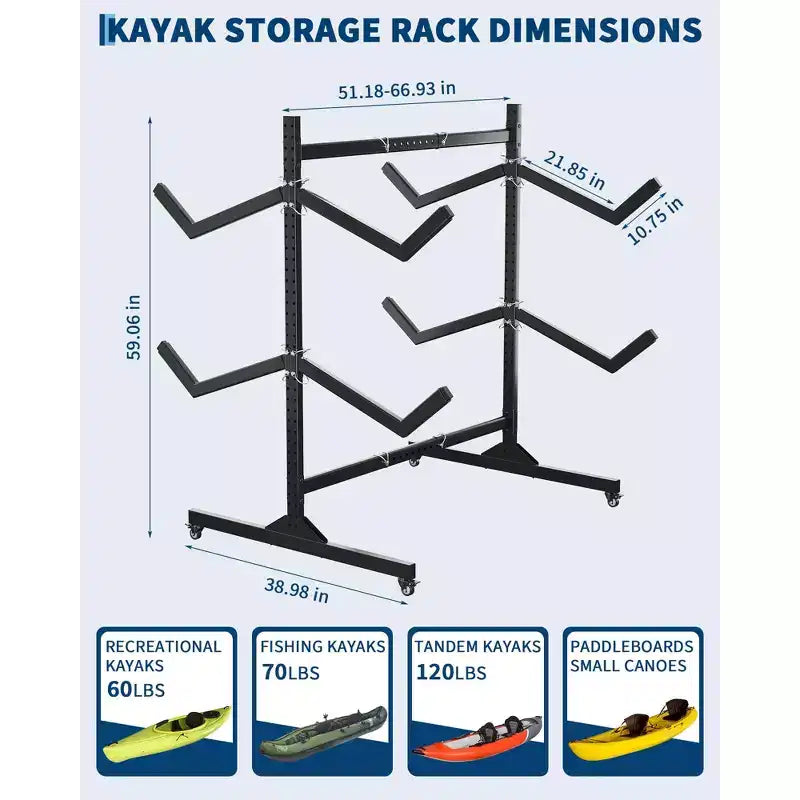 Heavy-Duty Freestanding Kayak Storage Rack Adjustable Steel