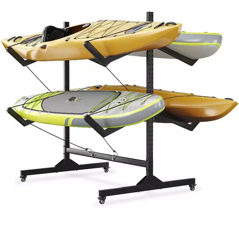Heavy-Duty Freestanding Kayak Storage Rack Adjustable Steel Holder, Movable Wheels, Hanging Straps Multi-Kayak Stand S Type