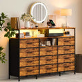 11-Drawer Fabric Dresser with Lights & Charging Station, Wood Top Chest of Drawers with Open Shelves, Storage Organizer for Bedroom