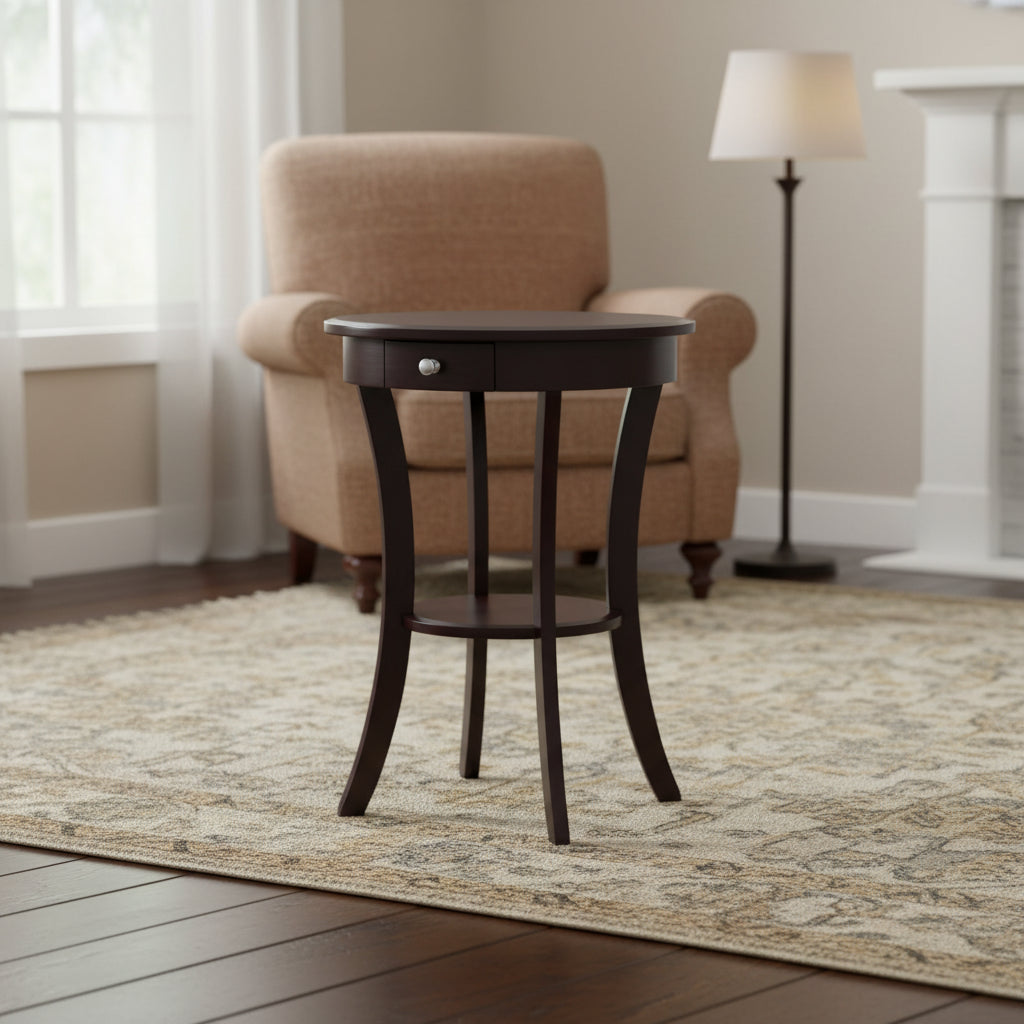 Sasha Round Accent Table - Cappuccino - Winsome: Flared Legs, Wood Composite, Storage Shelf